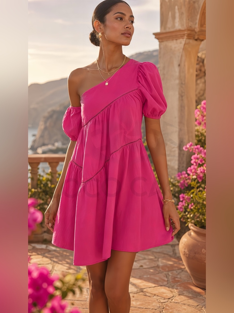 Flirty Pink Cotton Off-The Shoulder Puff Sleeves Mini Babydoll Dress